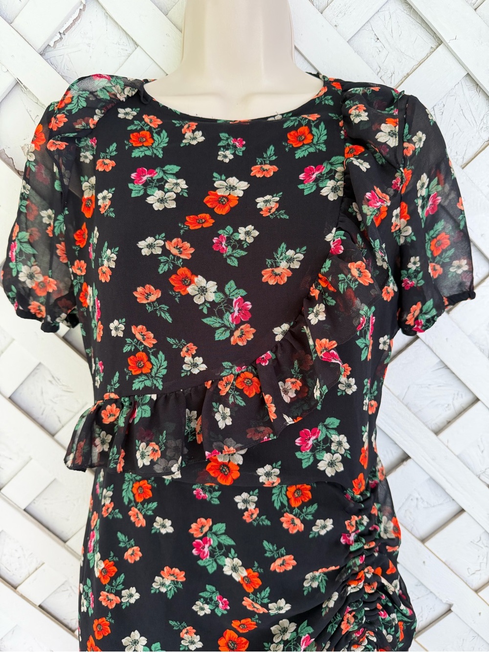 Maje M Rancho Floral Chiffon Ruched Ruffle Midi Dress Sz 2 , Medium - Picture 5 of 13